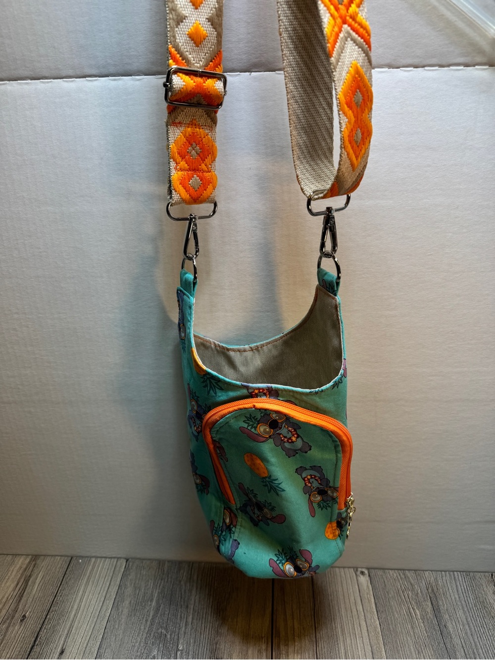 Disney Stitch Blue Orange Tropical Water Bottle Adjustable Sling Bag Crossbody